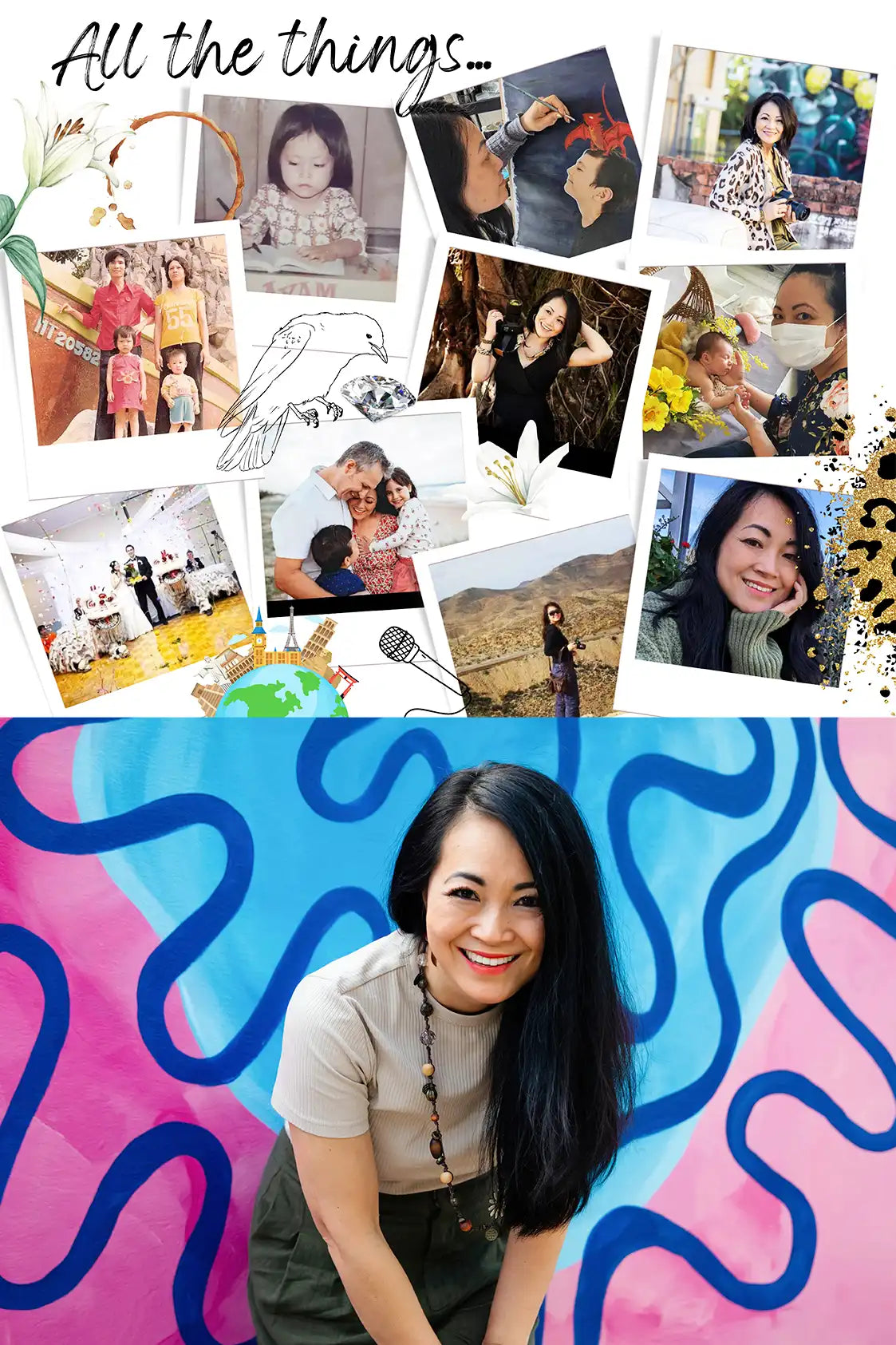 Collage of Polaroids showing snippets of an Asian woman’s life. She has long black hair and is smiling.