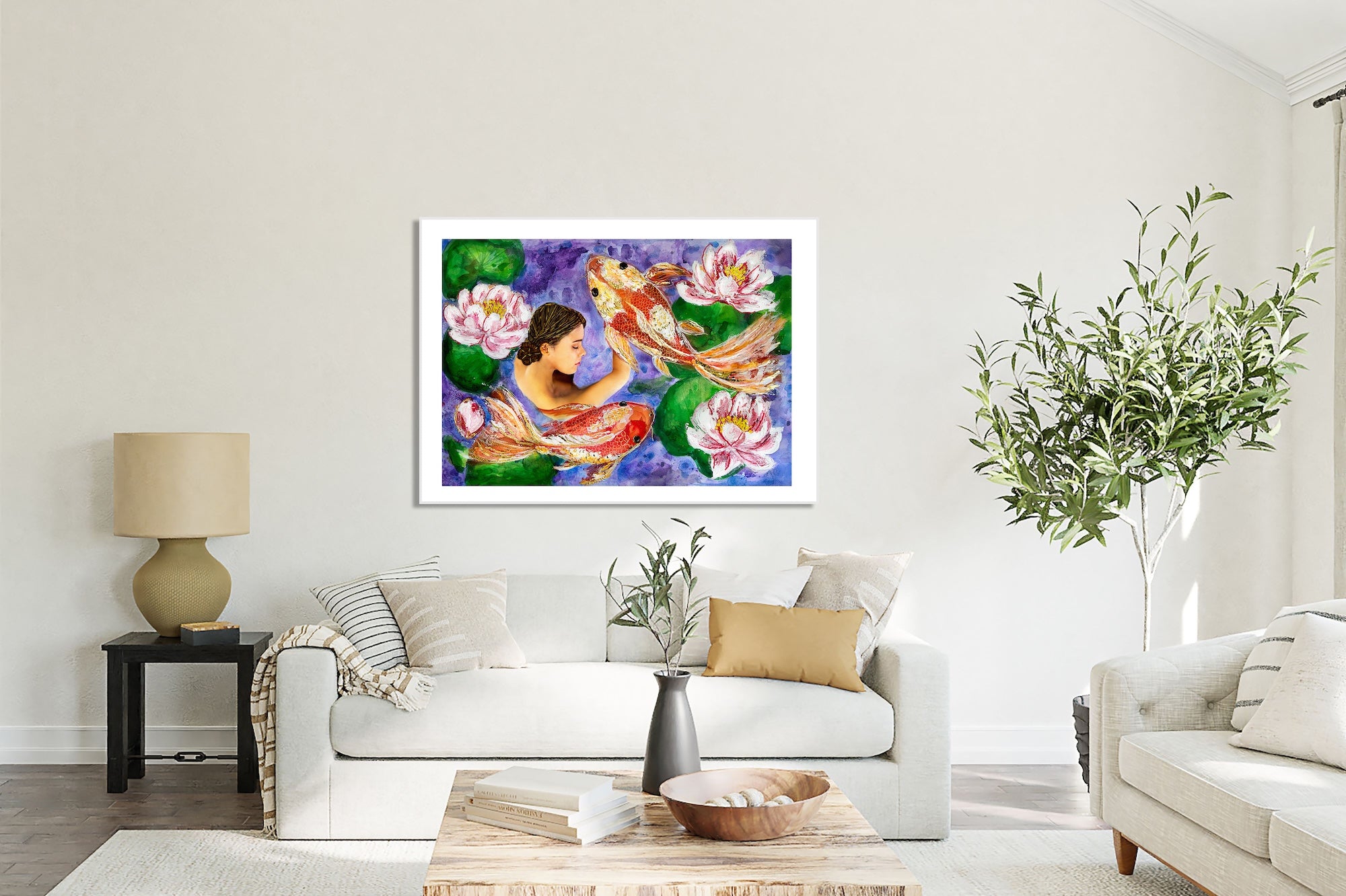 Living room with a painting of a woman with fish and lotus flowers on the wall.