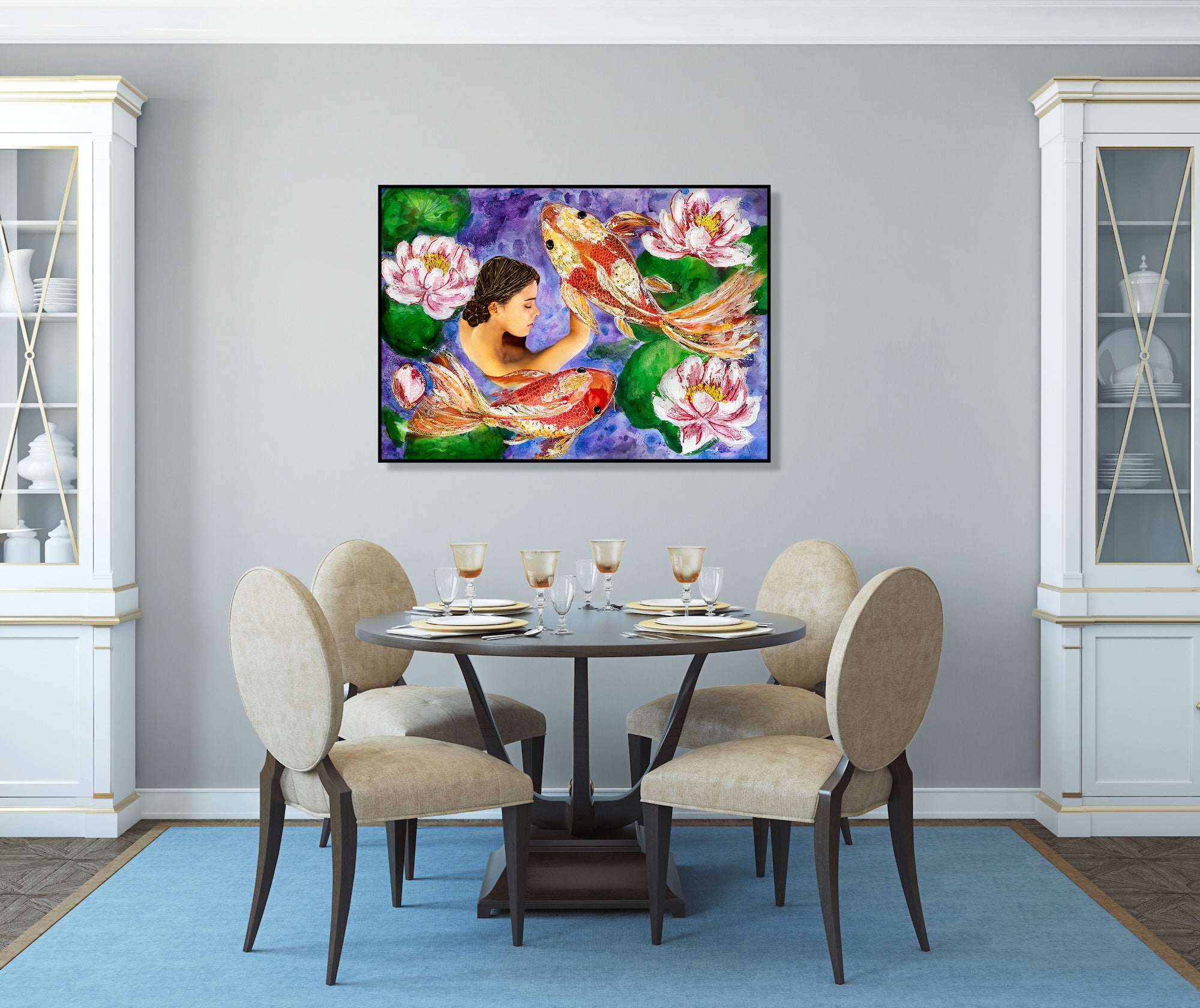 Elegant Dining Room with a round table and four chairs as well as two white cabinets and a large framed print of a woman, two koi fish and lily pads.