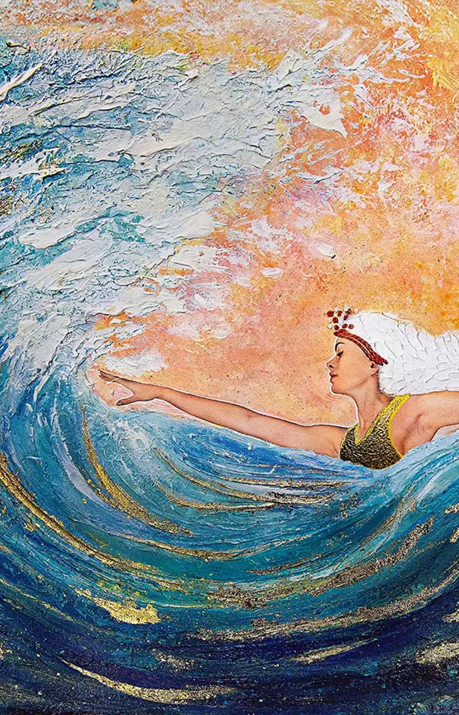 Hue the Artist mixed media print of a large wave curling over a woman with one hand out, white hair, gold top. The image is predominantly blue and orange.