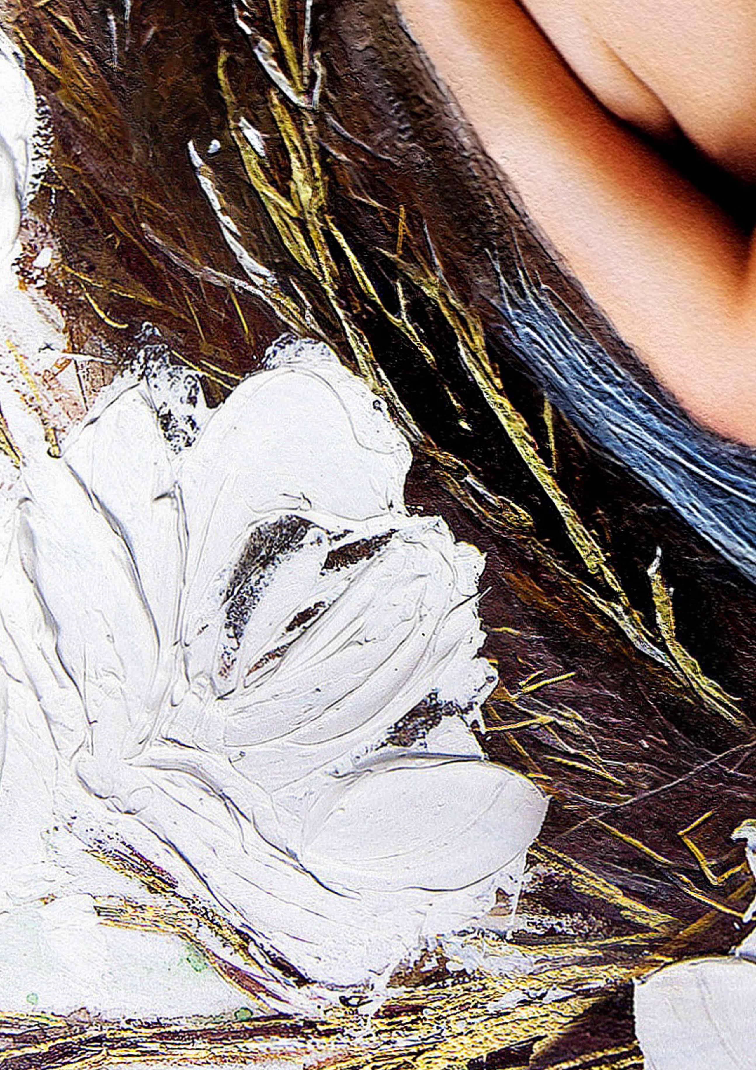 Close up of Hue the Artist mixed media artwork featuring detailed textures in blue, brown, white and gold leaf.