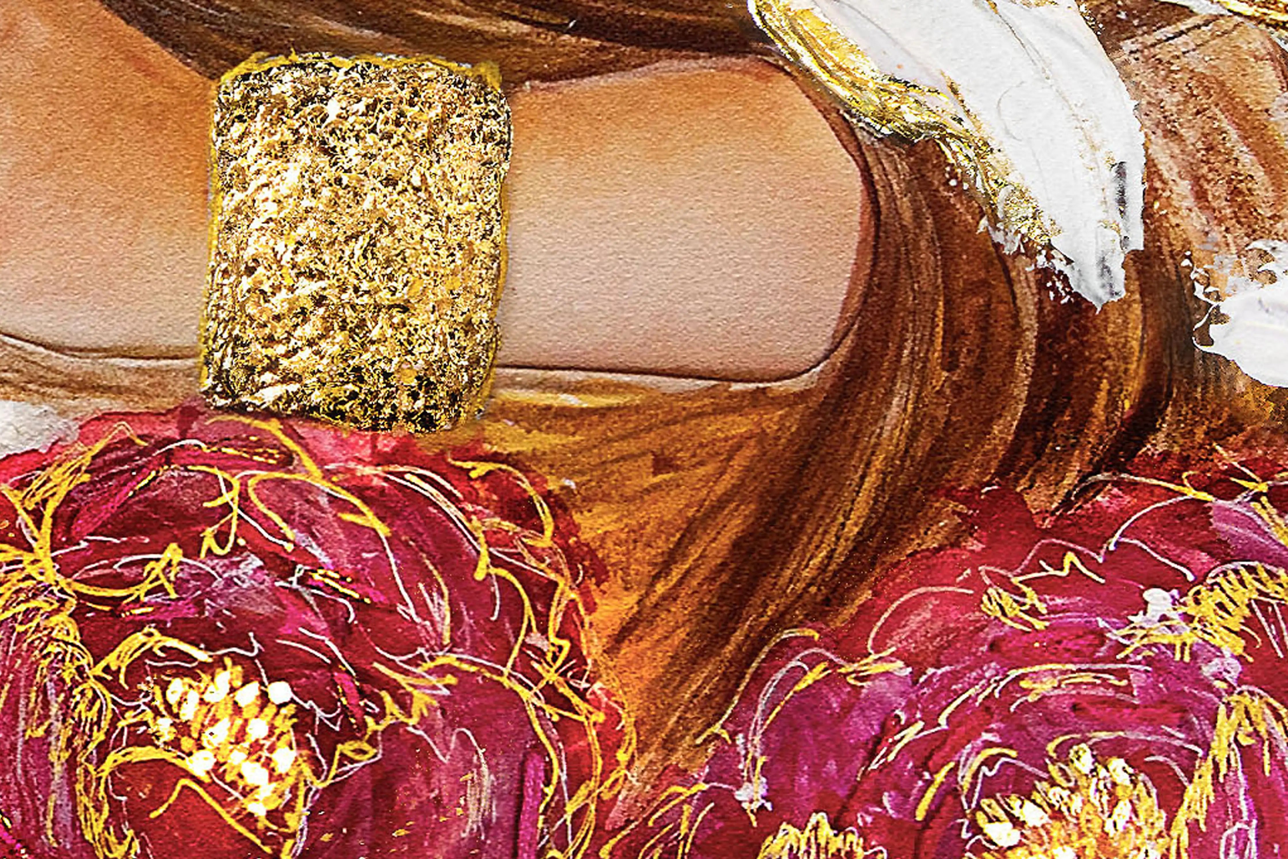 Close-up of a Hue the Artist art print showing a thick gold bangle on a wrist, with magenta and gold roses and brown watercolour hair.