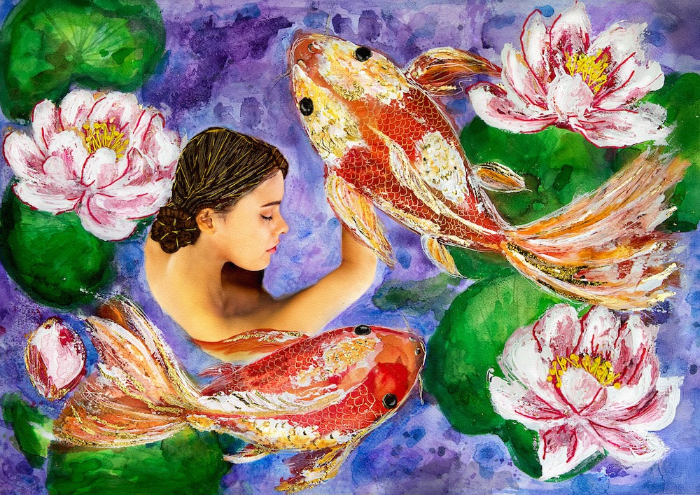 Woman with face and arms above purple waters with two koi fish in red and gold, gliding past three pink lily flowers on green lily pads.