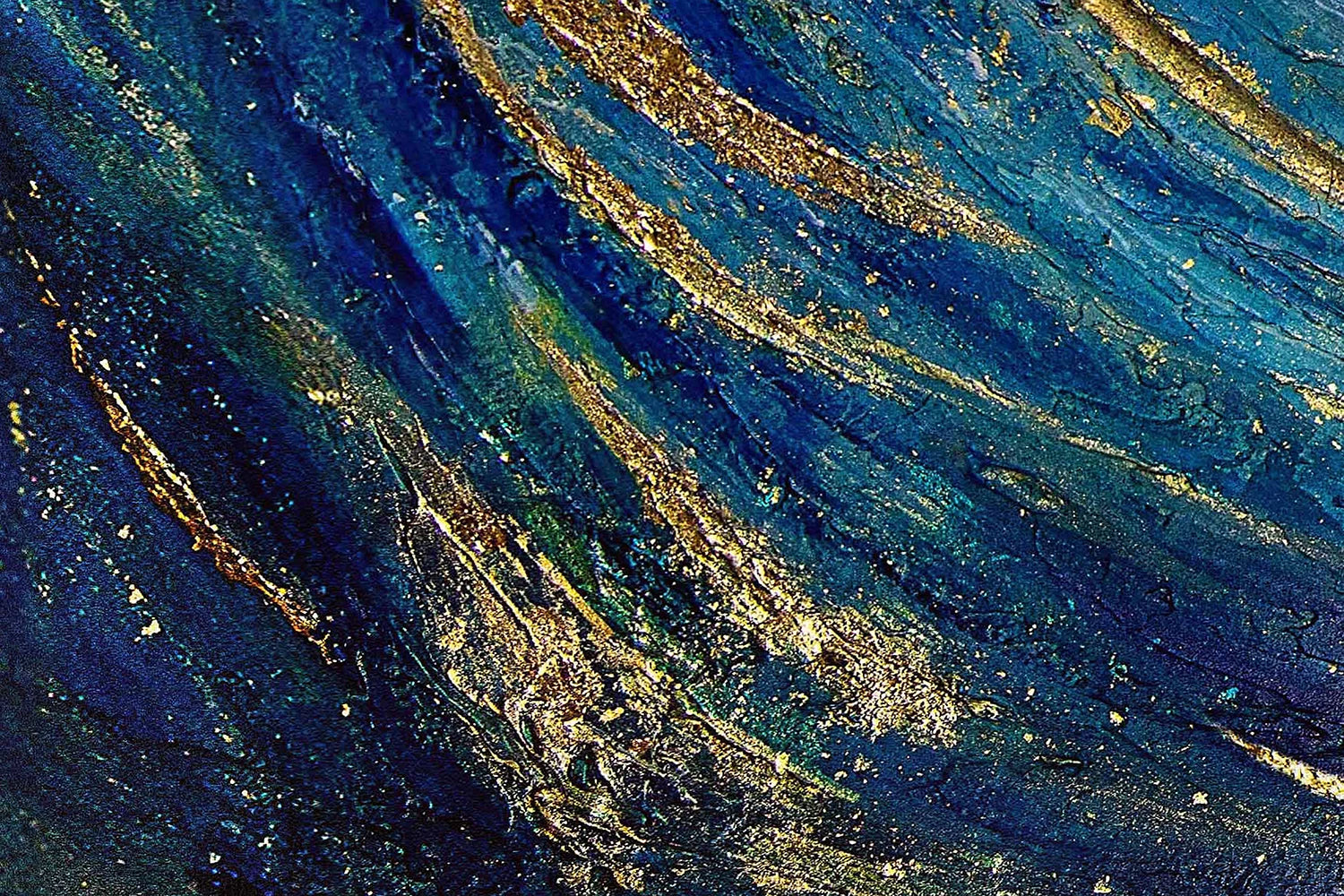 Hue the Artist mixed media artwork close up of paint textures in deep blues and gold leaf streaks throughout.