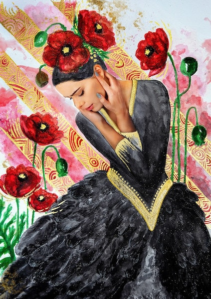 Hue the Artist mixed media wall print of a sad woman in a black feathered dress, with red poppies in her hair surrounded by red and gold foil details. , 