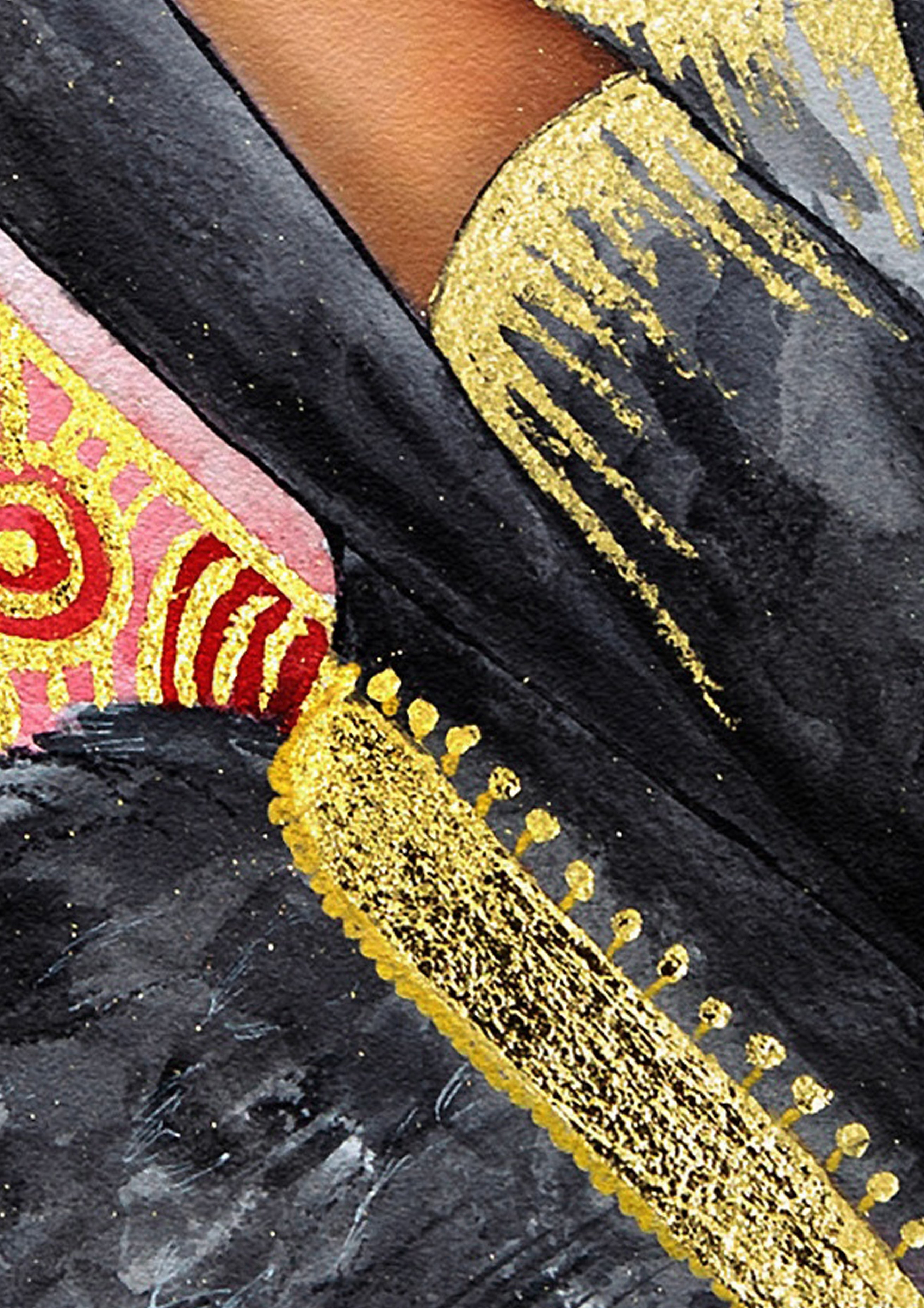 Close up of a Hue the Artist art print featuring black, red watercolour textures and gold leaf details.