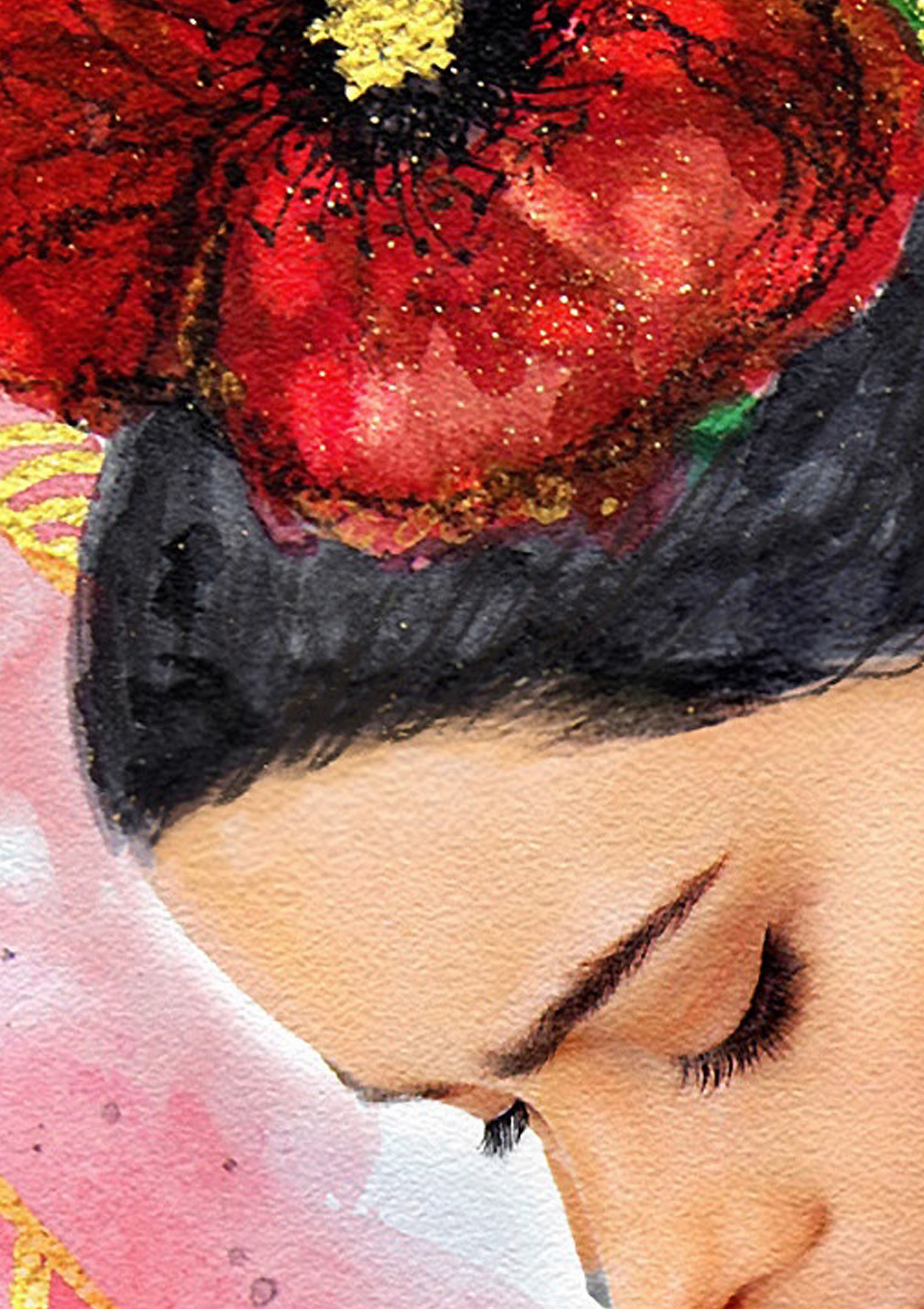 Close up of a Hue the Artist mixed media artwork featuring cropped face of a woman with downcast eyes, black hair and red flower.