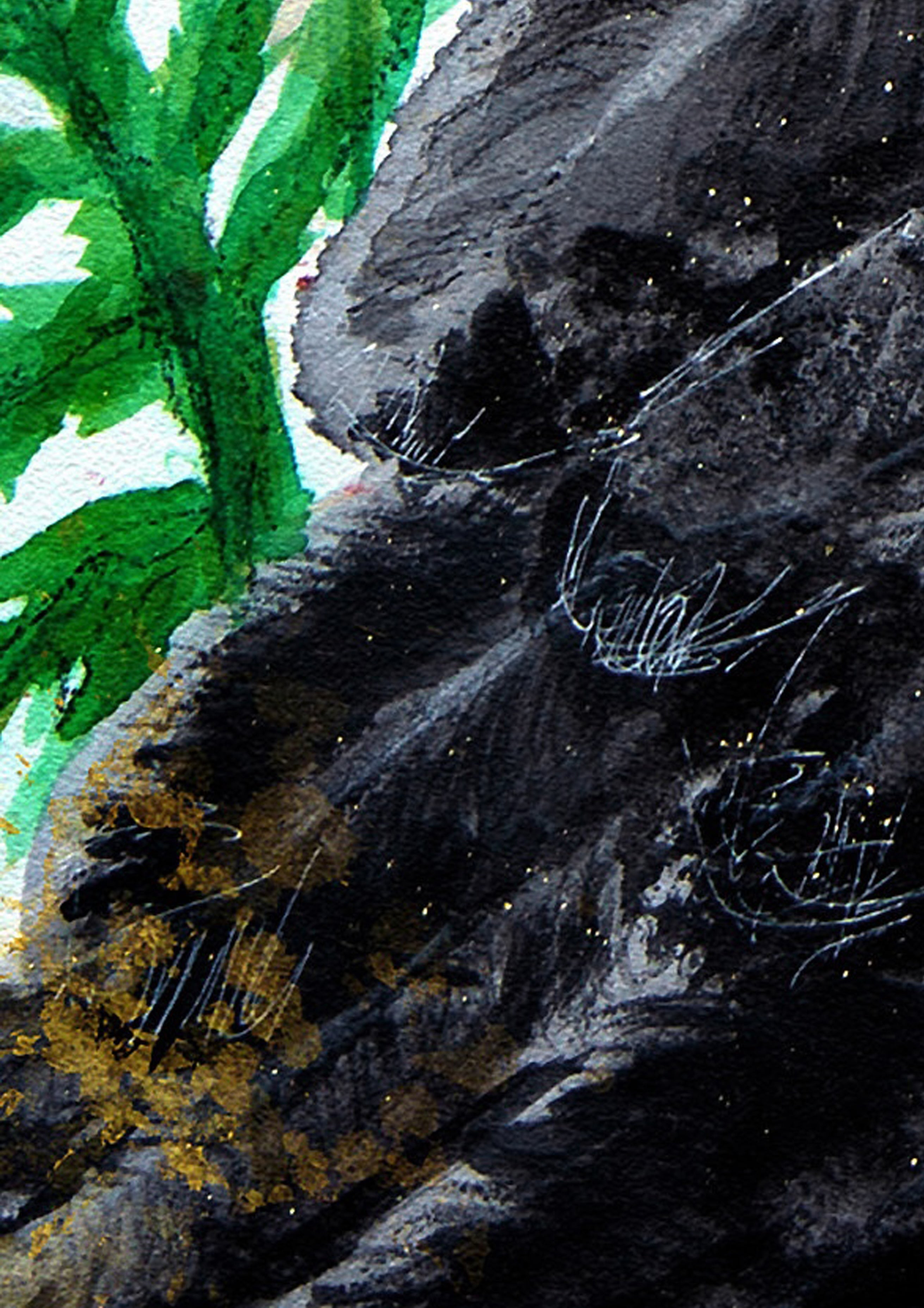 Close up of a Hue the Artist artwork featuring black feather detail, green watercolour textures and gold leaf details.