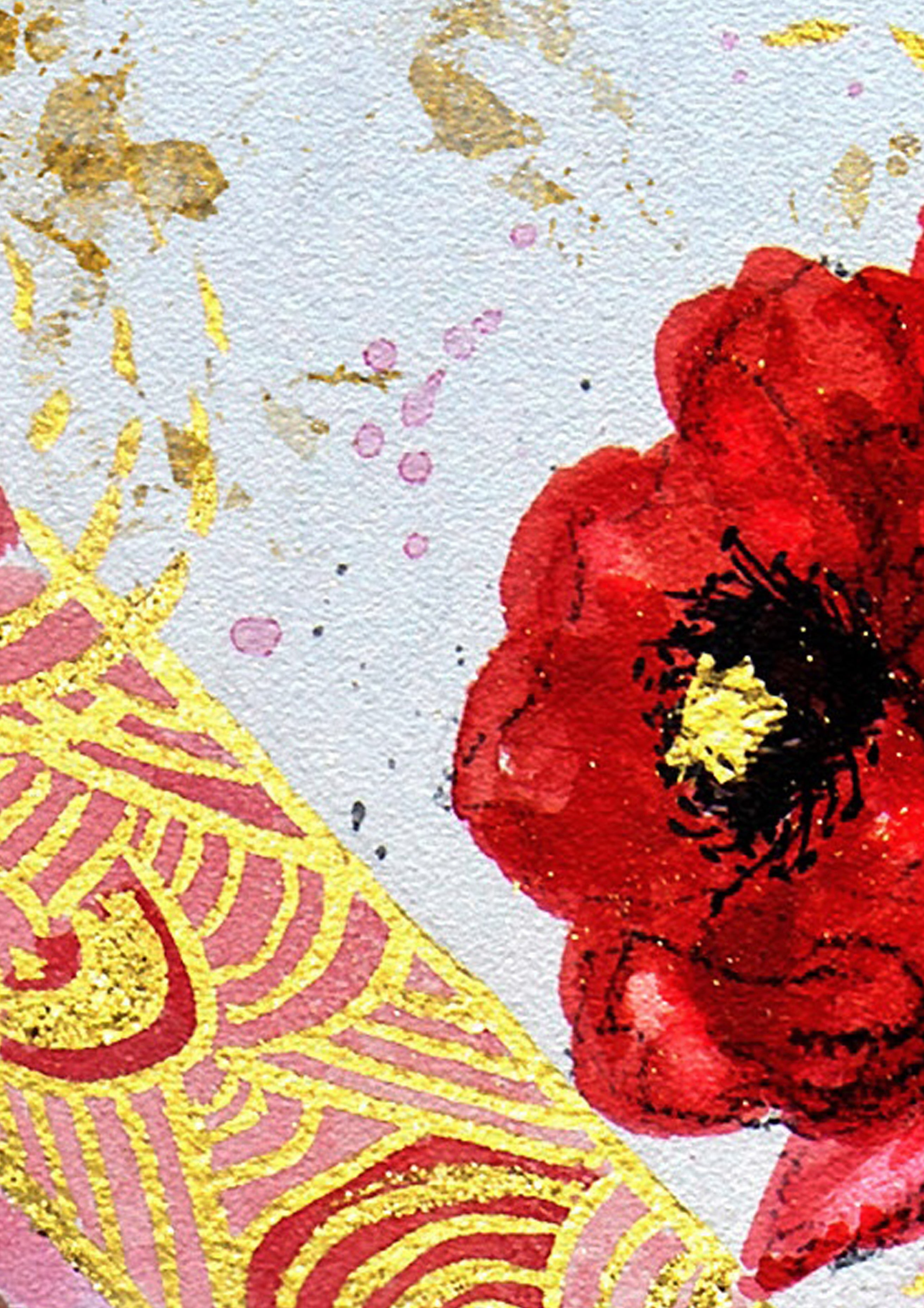 Close up of a Hue the Artist mixed media artwork featuring red poppy flower with black and gold centre and gold leaf details.