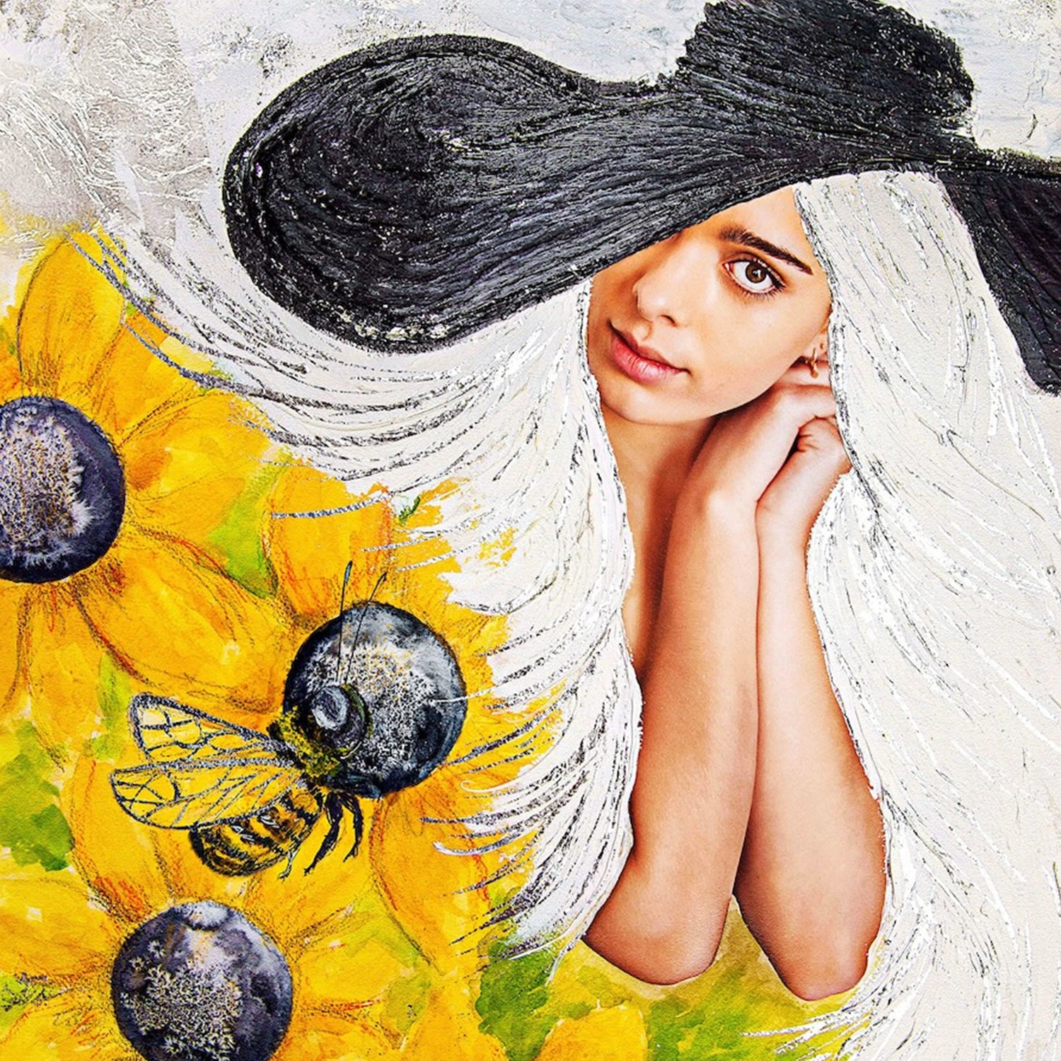 Mixed media artwork called Sunny Disposition features a white haired woman with one eye visible under black floppy sunhat, surrounded by sunflowers and a bee.