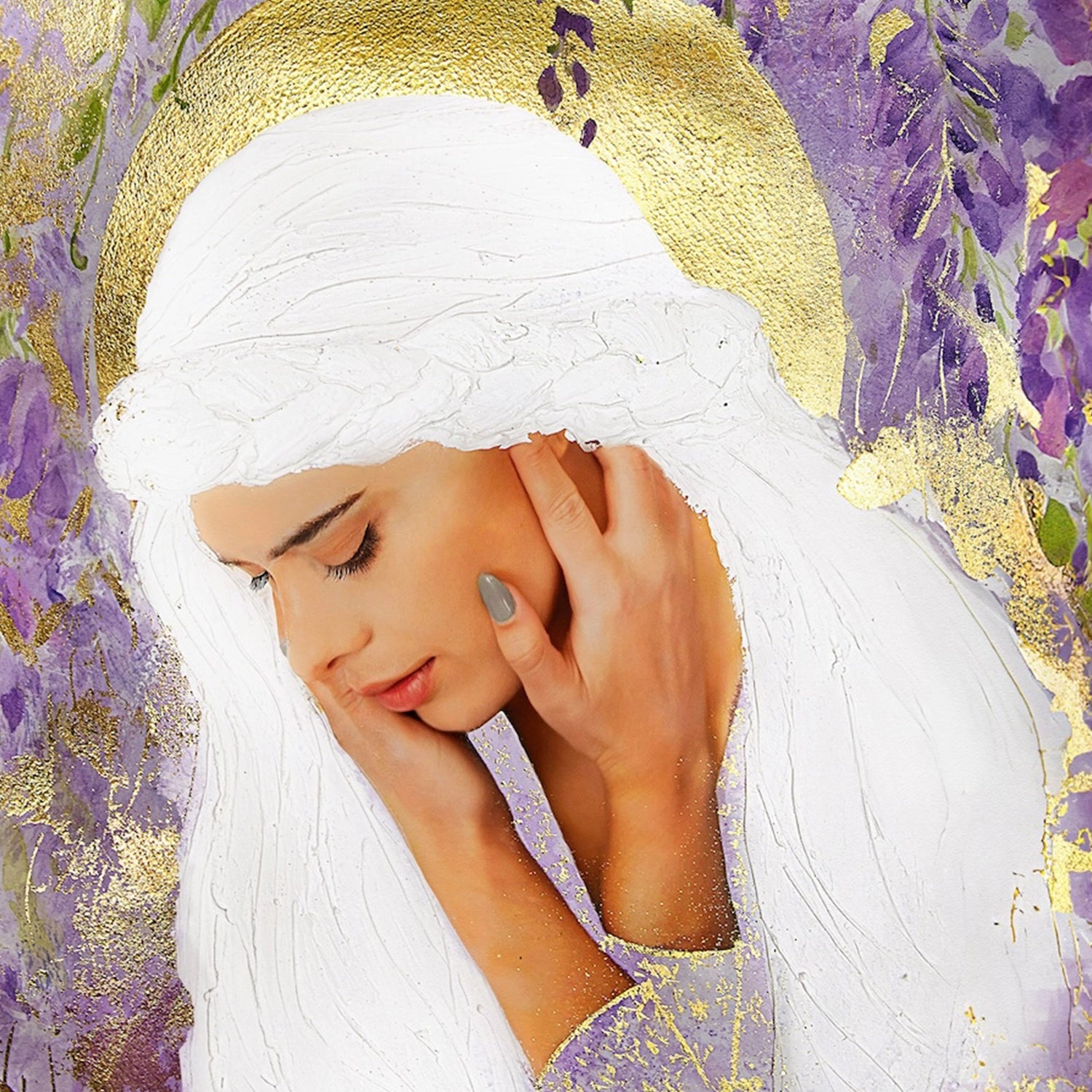 Mixed media artwork of white haired woman with hands over her ears in front of a gold foil moon and purple wisteria.