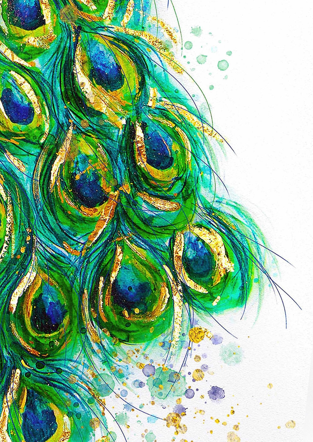 Close up of a Hue the Artist mixed media artwork with details of peacock tail feathers in blue, green and gold leaf details.