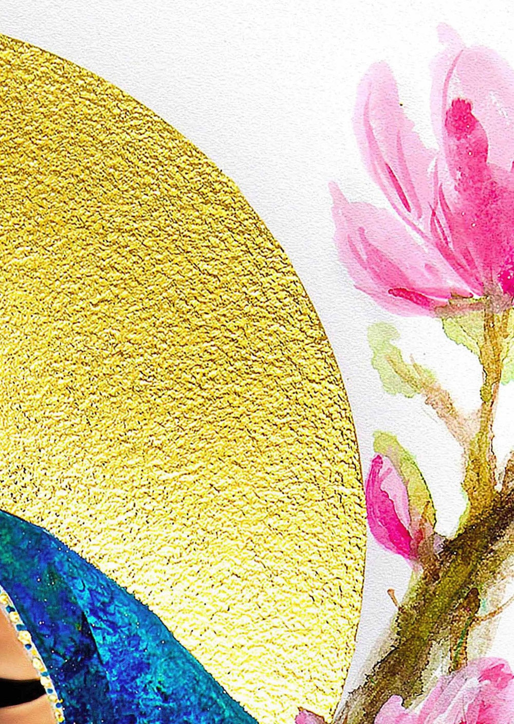 Close up of a Hue the Artist mixed media artwork featuring pink magnolia flower and round gold leaf detail.