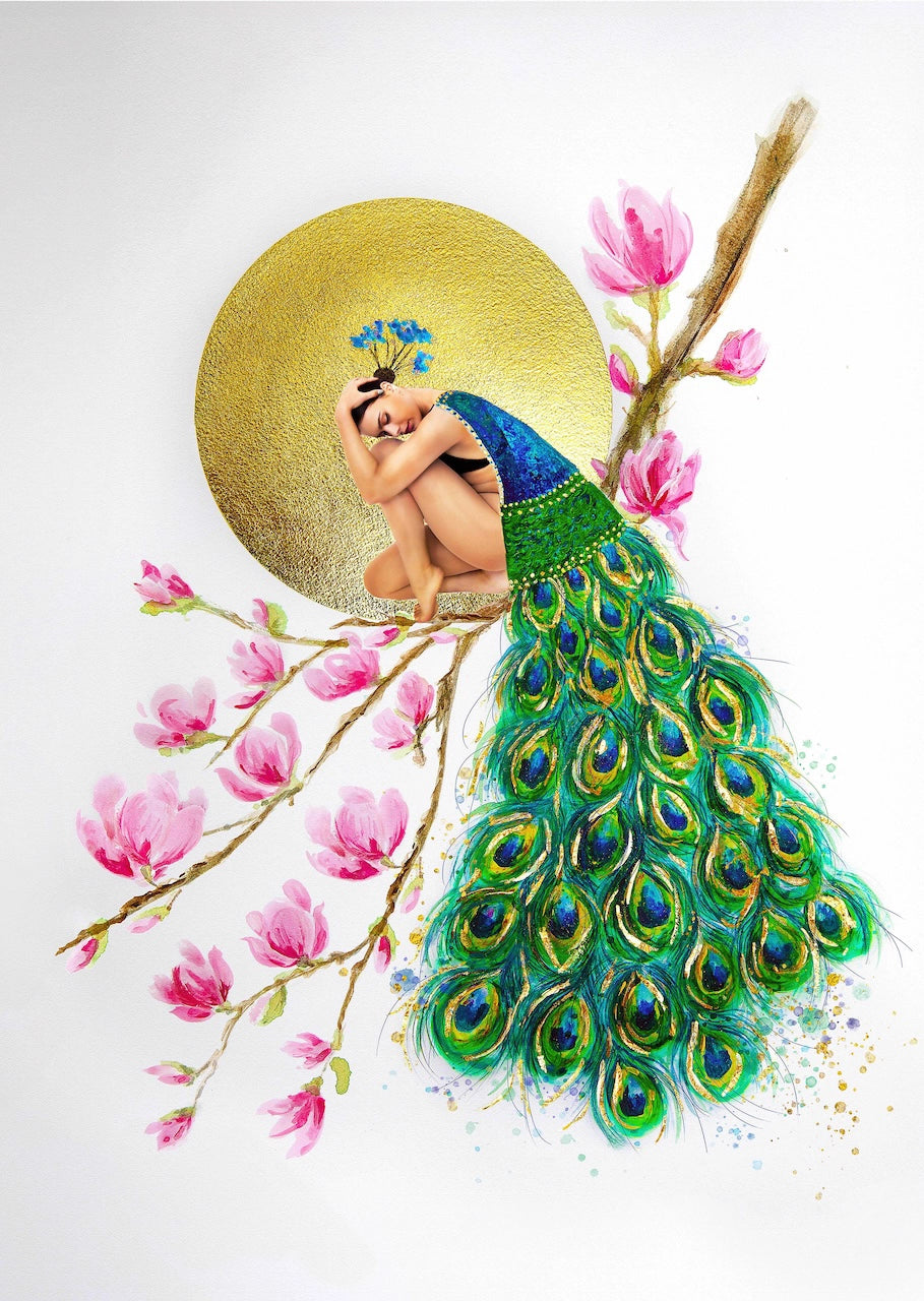 Hue the Artist mixed media artwork of a crouching woman in a peacock feather cloak, perched on a magnolia branch with a full moon behind her.