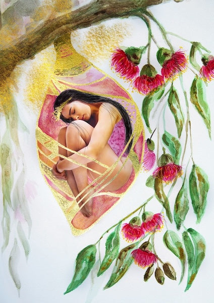 Metamorphosing by Hue the Artist shows a woman tucked in a golden cocoon, hanging from a branch with pink gum nuts. 