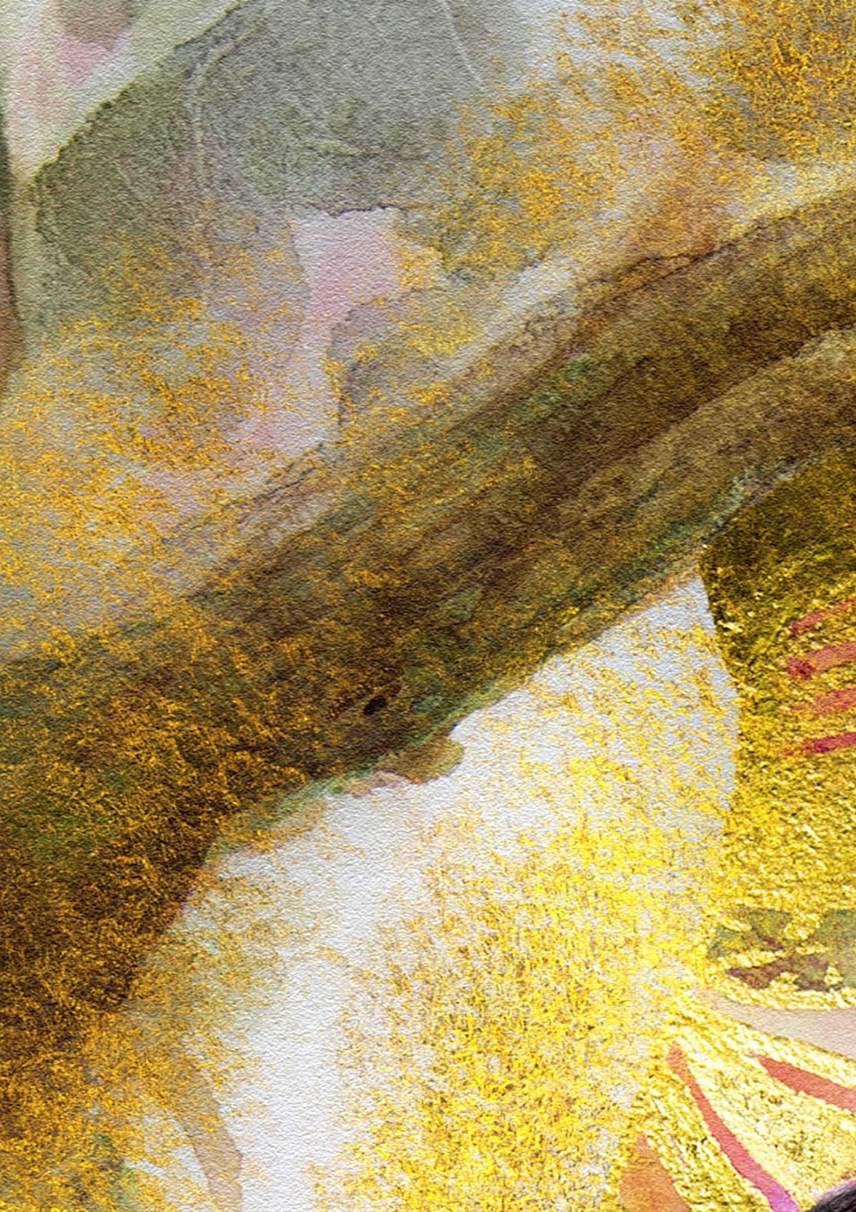 Close up of  a Hue the Artist mixed media art print featuring brown water colour details and delicate gold foil textures.