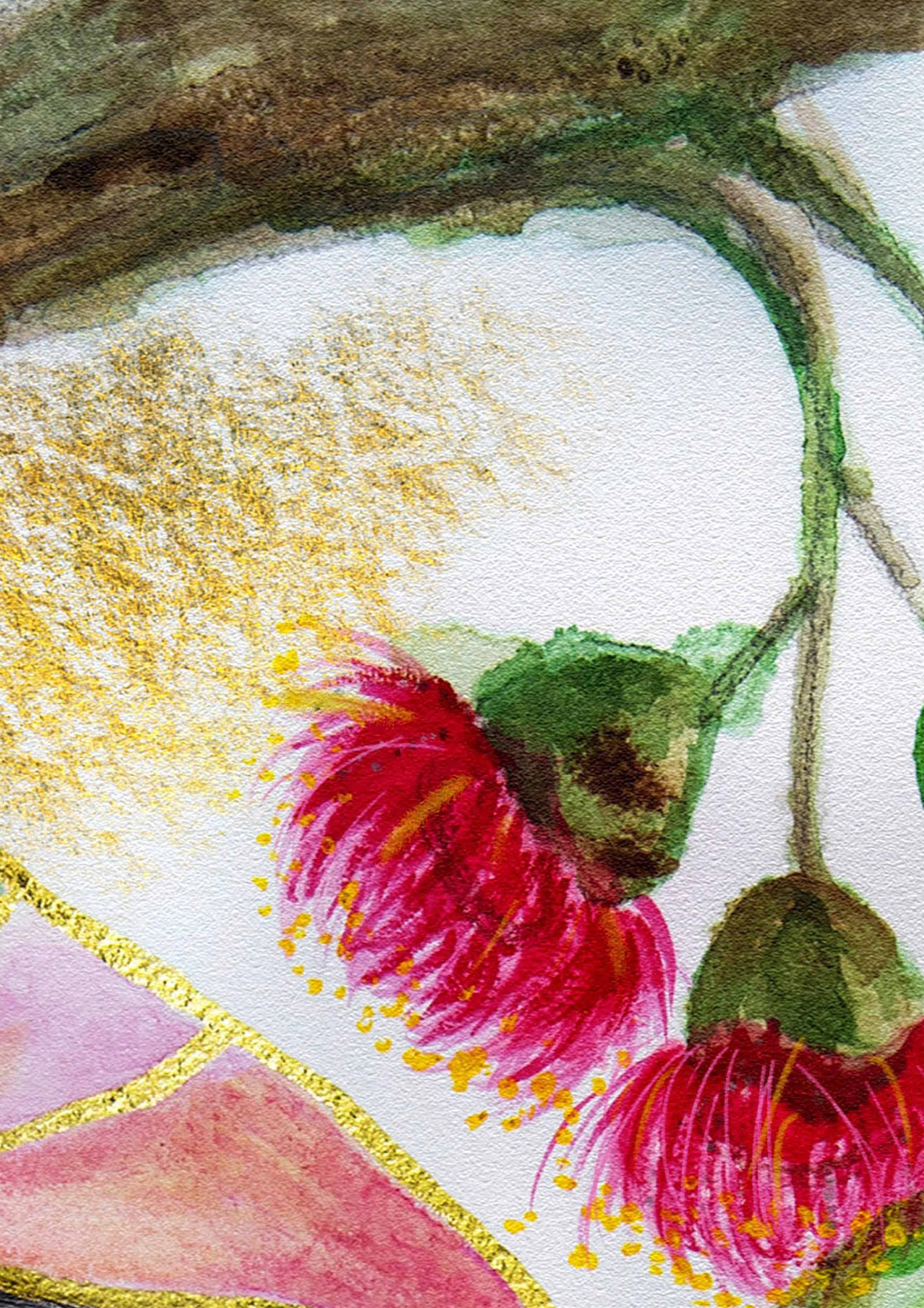 Close up of a Hue the Artist mixed media artwork featuring water colour gum leaves and pink gum nut flowers.