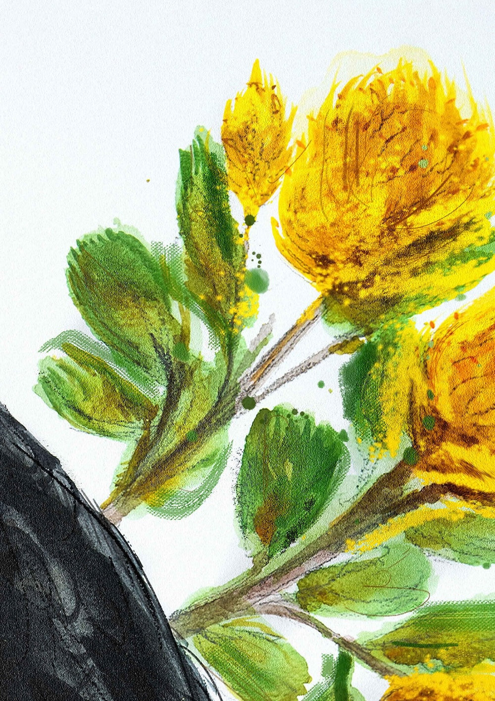 Close up of a Hue the Artist mixed media artwork with yellow and green banksia flowers.