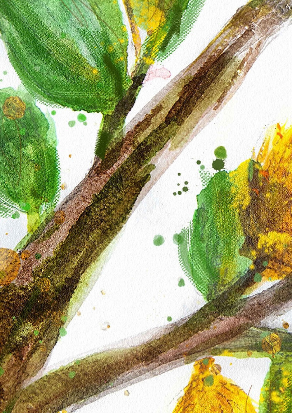 Close up of a Hue the Artist mixed media art print with branch and yellow and green banksia flowers.