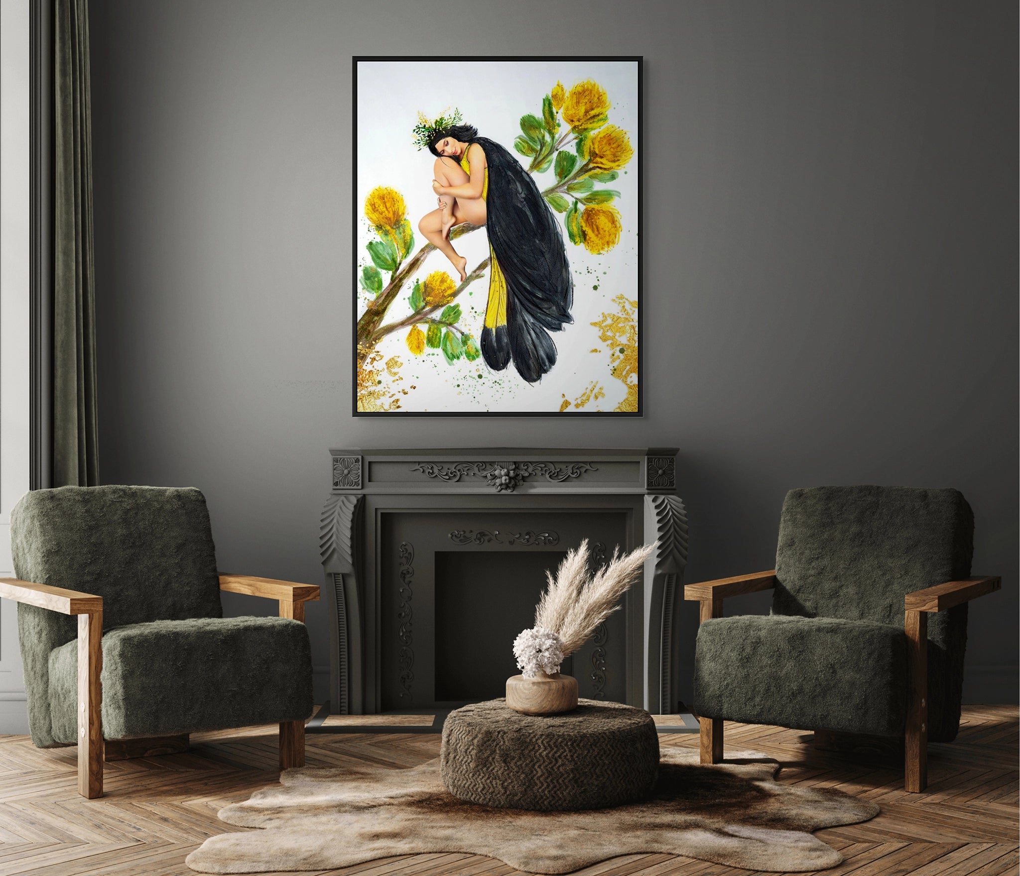 Large Hue the Artist framed black and yellow print of a birdlike woman on a banksia tree in an earthy toned loving room with two chairs.