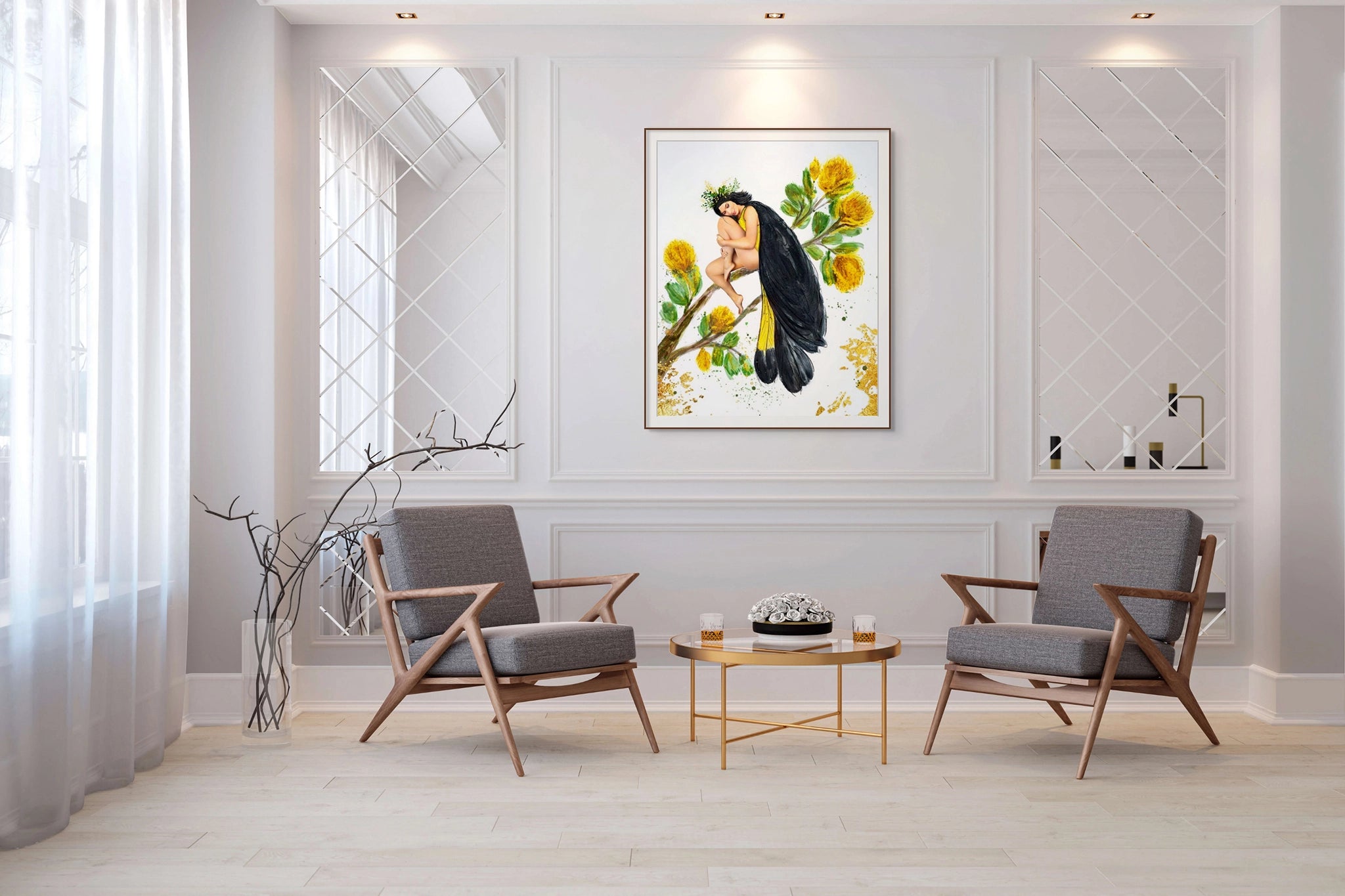 Framed Hue the Artist art print of a bird-like woman in a black and yellow cloak hangs in a spacious white living room with elegant seating area.