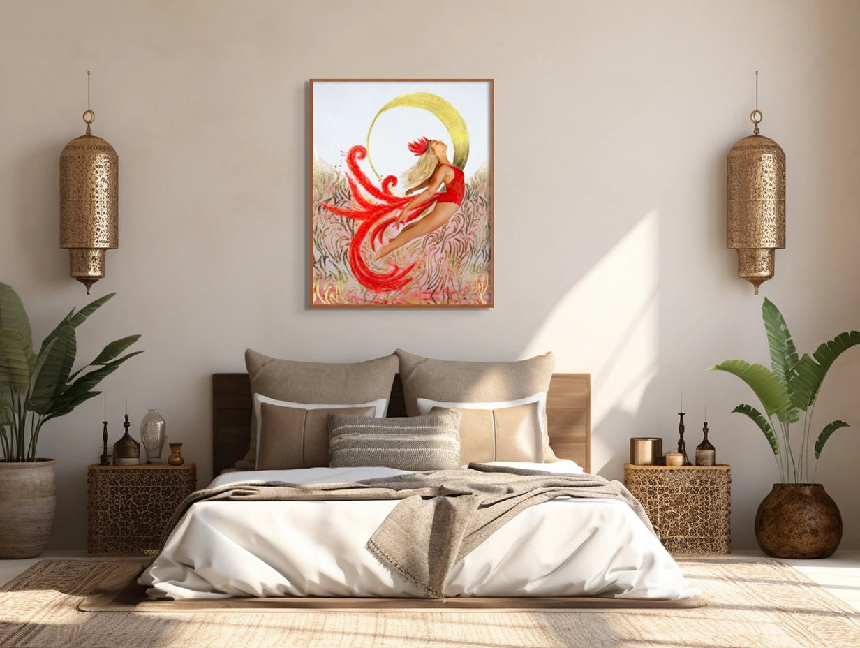 Large framed Hue the Artist art print of an empowered woman in red flying up to the moon hangs in an Moroccan styled bedroom in tones of beige and bronze.