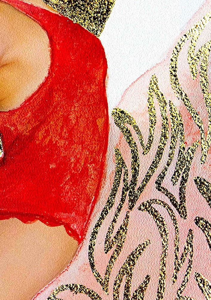 Close up of a Hue the Artist artwork featuring red bodice and gold foil details.