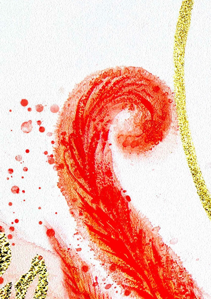 Close up of a Hue the Artist mixed media art print featuring red and pink watercolour and gold foil details.