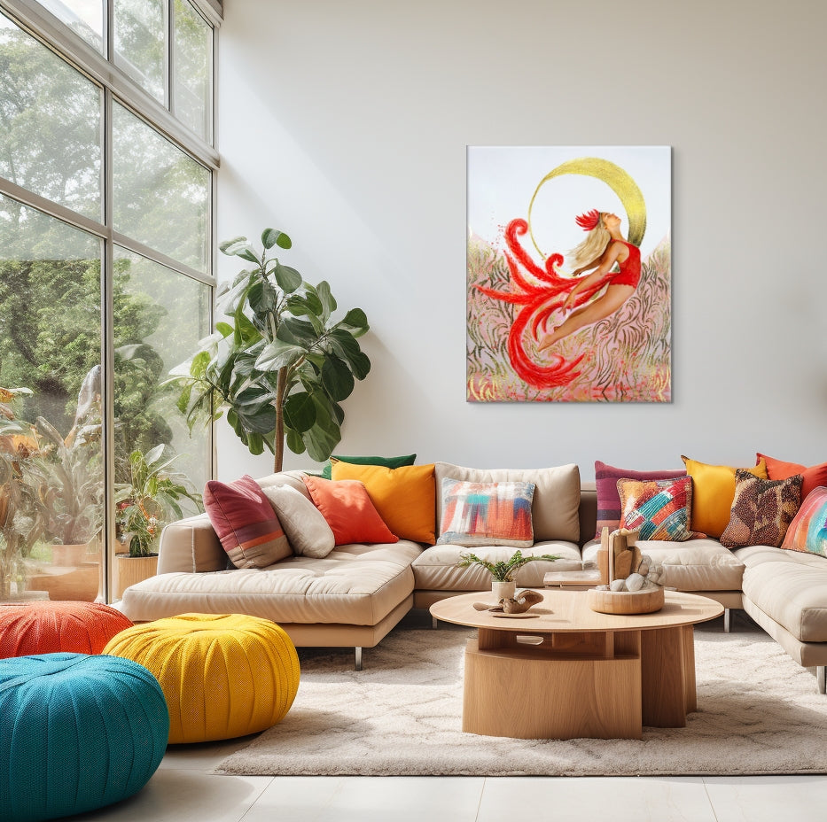 Hue the Artist canvas print of Scarlet Rebirth in a lounge with tall ceilings, glass windows, and vibrant decor.