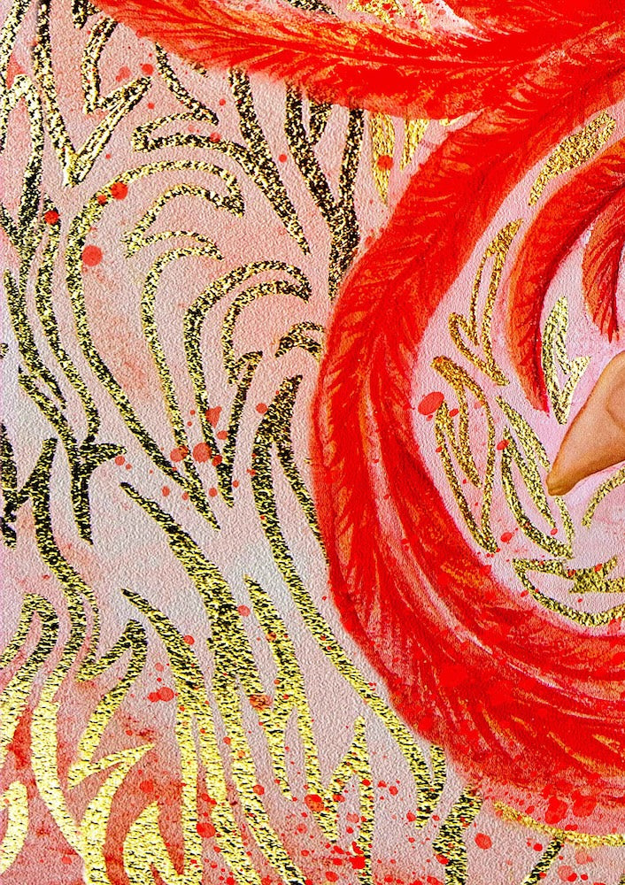 Close up of a Hue the Artist mixed media art print featuring red watercolour textures with gold foil details.