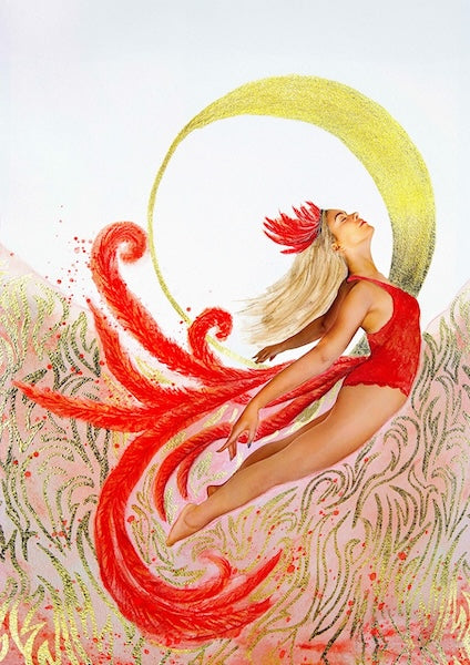 A Hue the Artist art print called Scarlet Rebirth features woman in red soaring to a crescent moon, away from pink and gold flames.