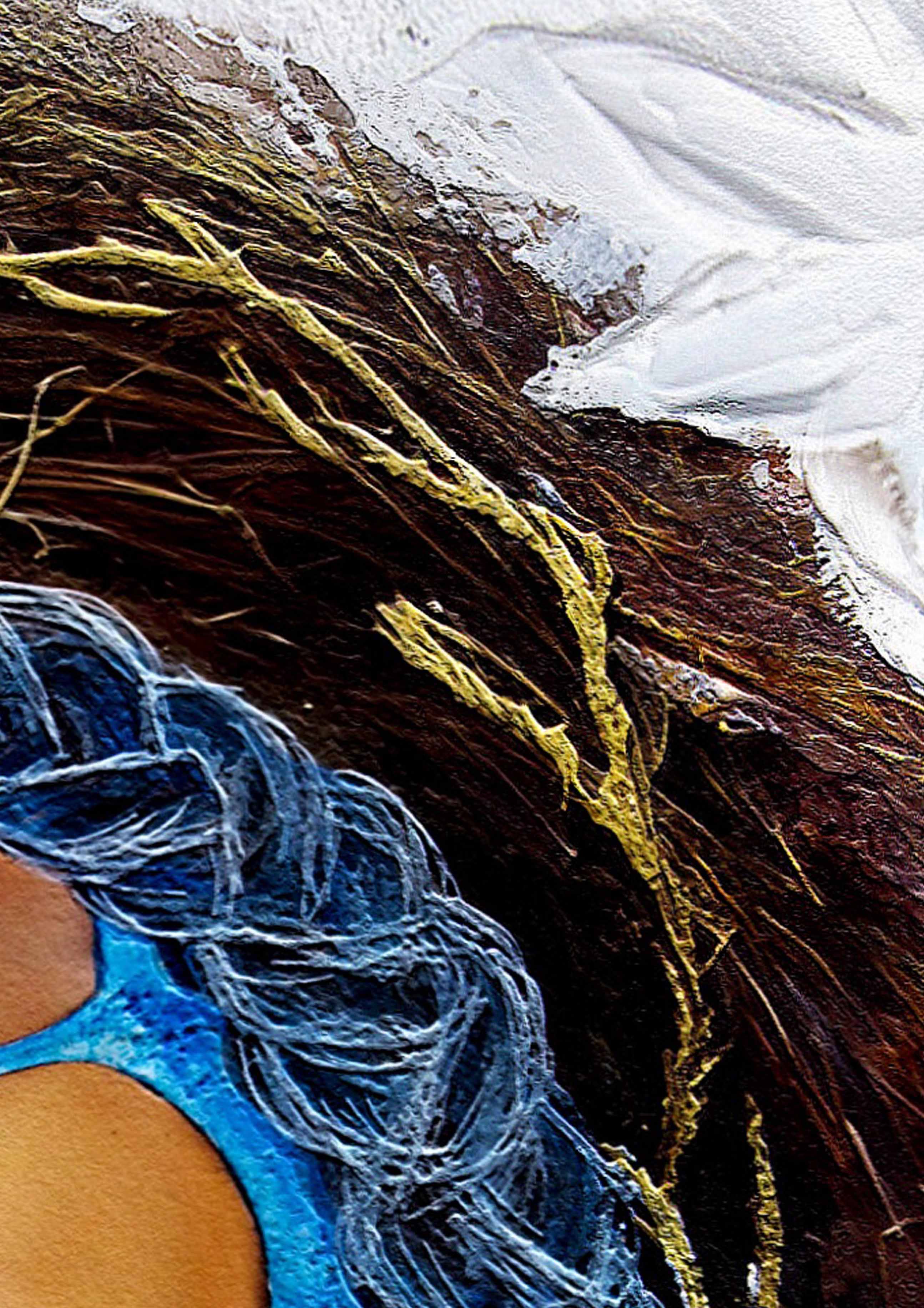 Close up of a Hue the Artist mixed media artwork featuring detailed textures in blue, brown, white and gold. 