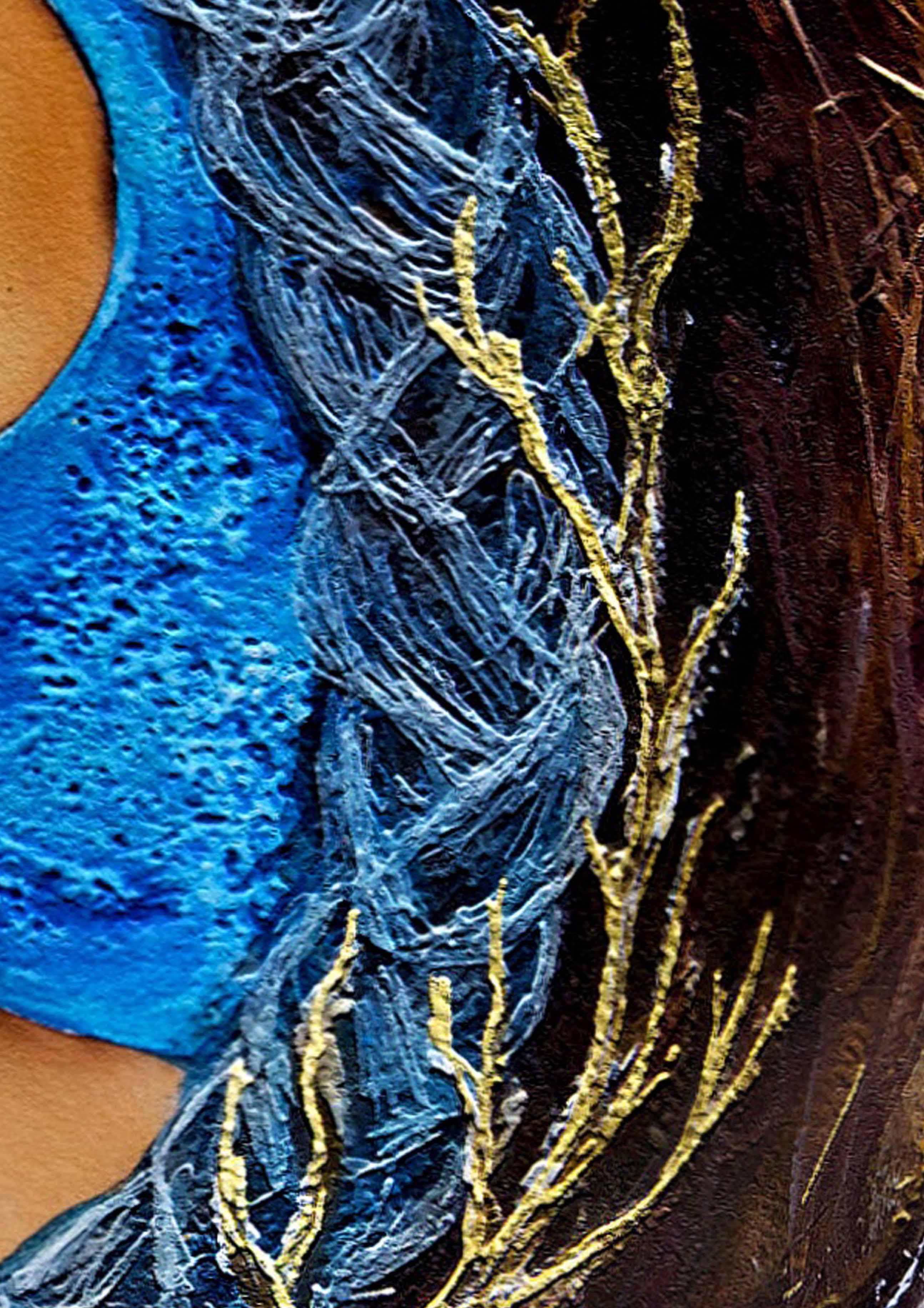 Close up of a Hue the Artist mixed media artwork featuring detailed textures in blue, brown and gold foil. 