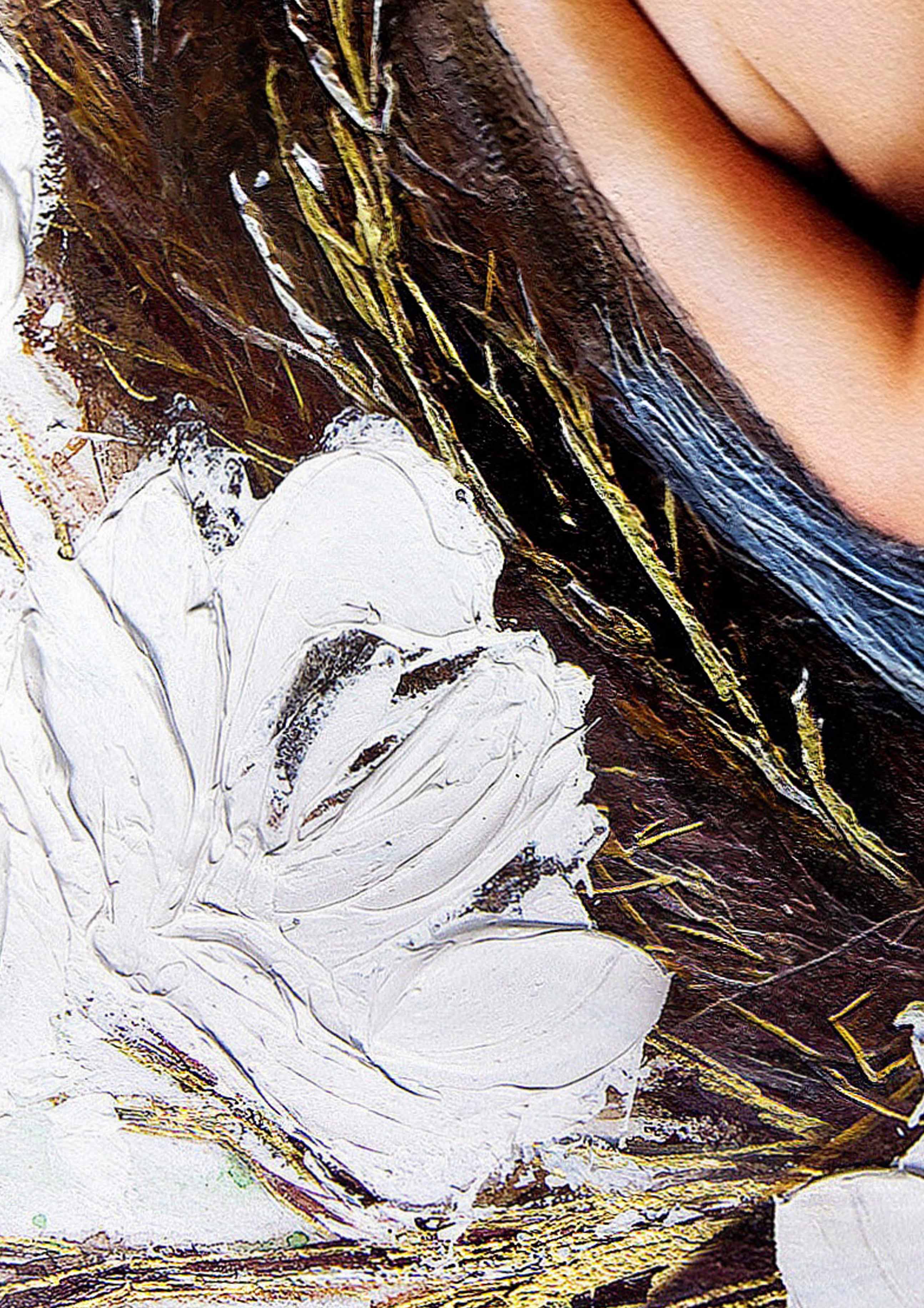 Close up of Hue the Artist mixed media artwork featuring detailed textures in blue, brown, white and gold leaf. 