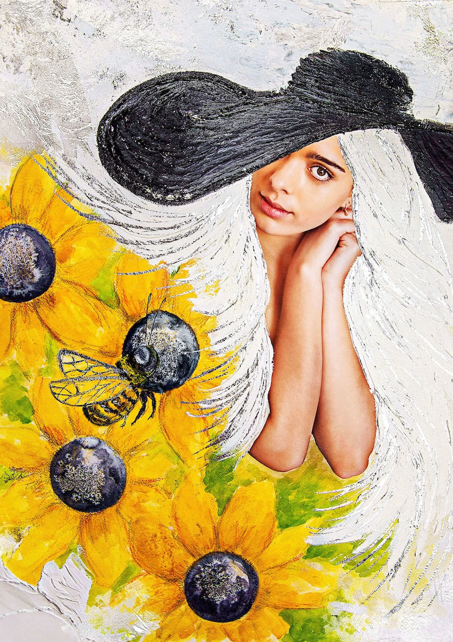 Mixed media artwork by Hue the Artist called Sunny Disposition features a white haired woman with one eye visible under black floppy sunhat, surrounded by sunflowers and a bee.