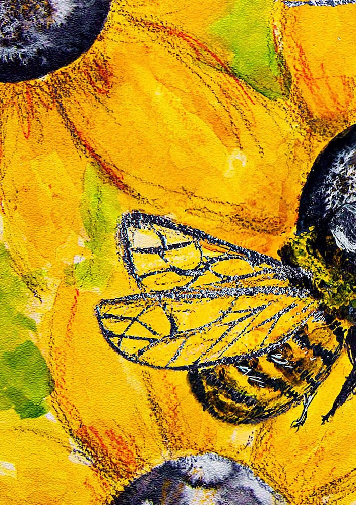 Close up of a Hue the Artist artwork with sunflower and bee. Media is water colour and gold foil.