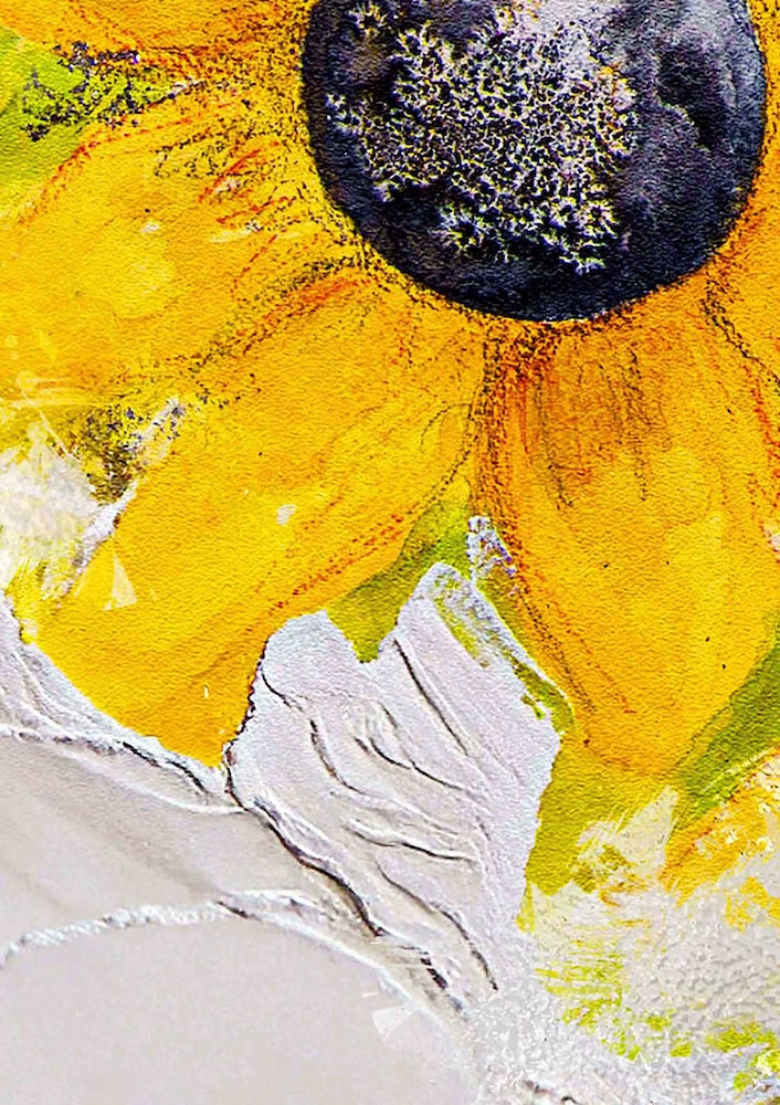 Mixed media Hue the Artist art print close up of yellow and black sunflower and white texture.