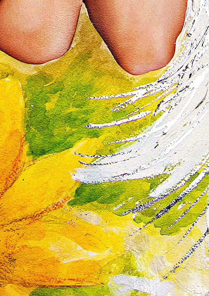 Hue the Artist close up of art print with green and yellow water colour textures and silver foil detail.