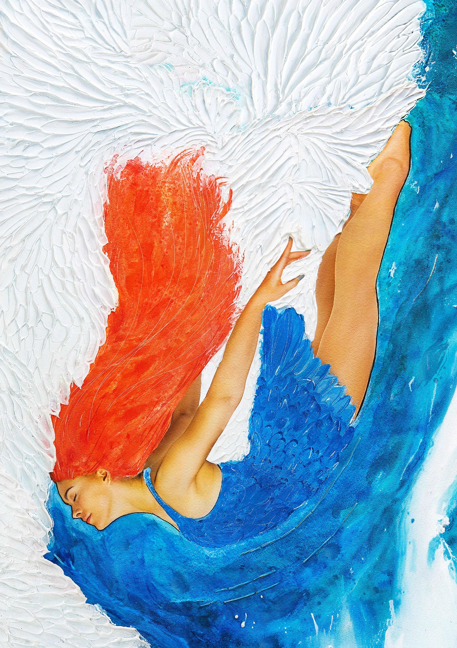 Hue the Artist wall art Taking Flight features a red-haired woman in blue diving with eyes closed into a textured white and blue watercolour background.