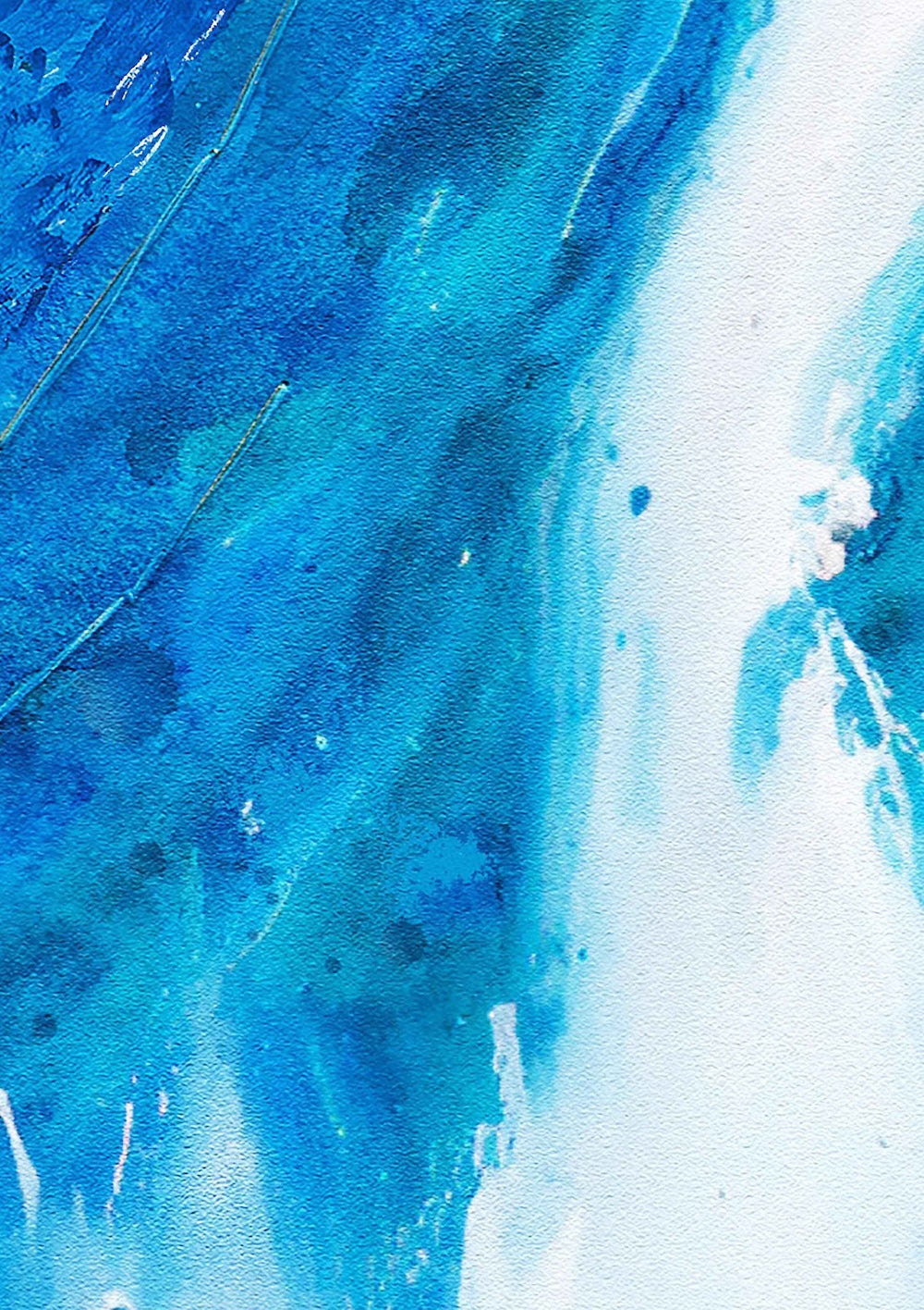 Close up of Hue the Artist mixed media artwork with vibrant blue and white watercolour textures.