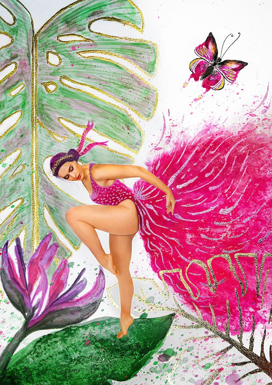 Mixed media art print by Hue the Artist of a woman in a pink gown, in a dance pose and looking back. Includes pink and black butterflies, monstera leaf, and bird of paradise flowers.