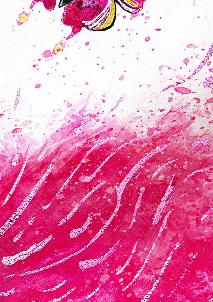 Close up of a Hue the Artist mixed media artwork featuring vibrant pinks, white and pink foil details.