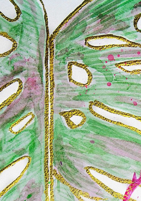 Close up of a Hue the Artist mixed media artwork featuring green monstera leaf with gold foil trims. 