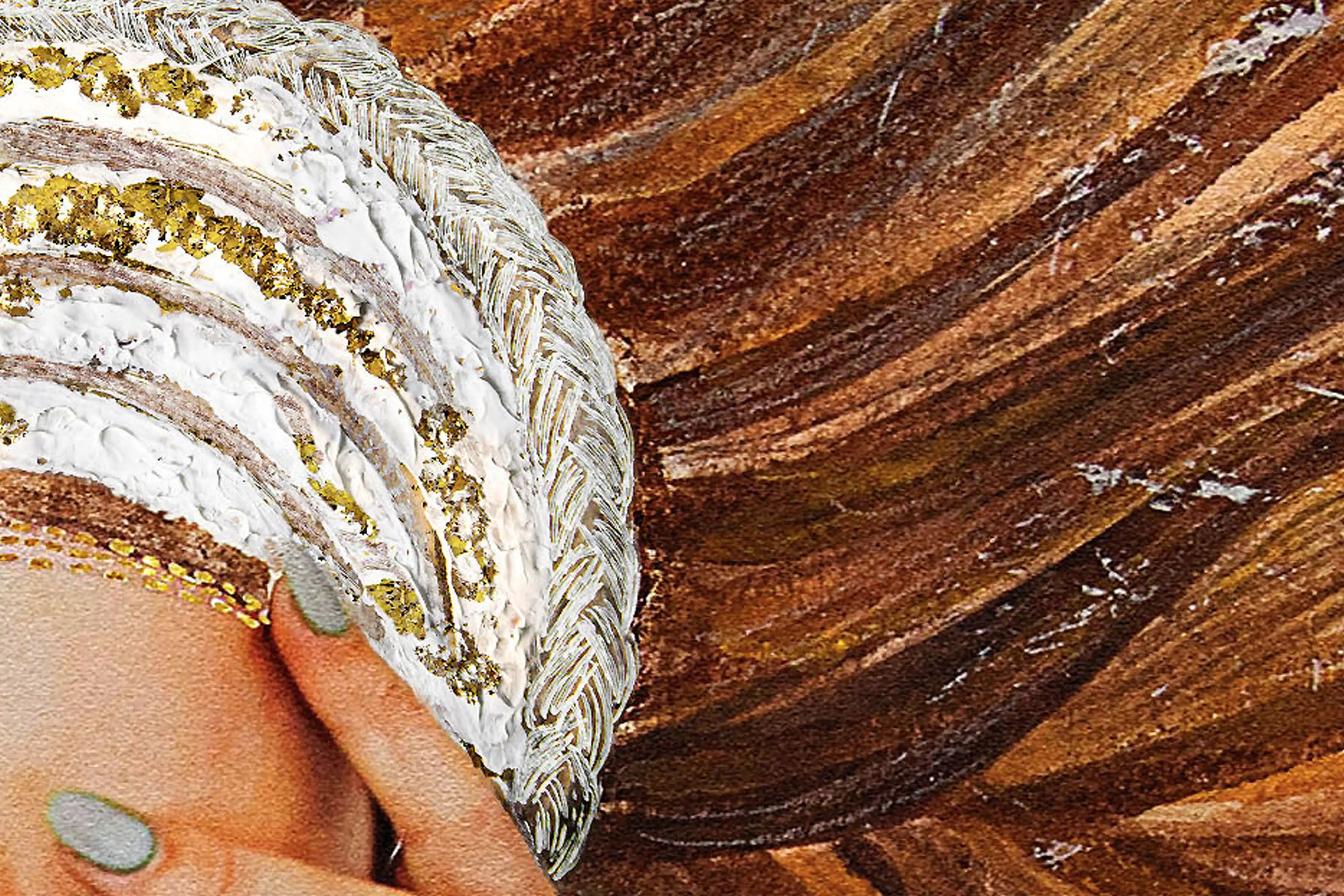 Close-up of a Hue the Artist art print showing a white and gold headpiece, white braid trim, and brown hair in various shades of brown.