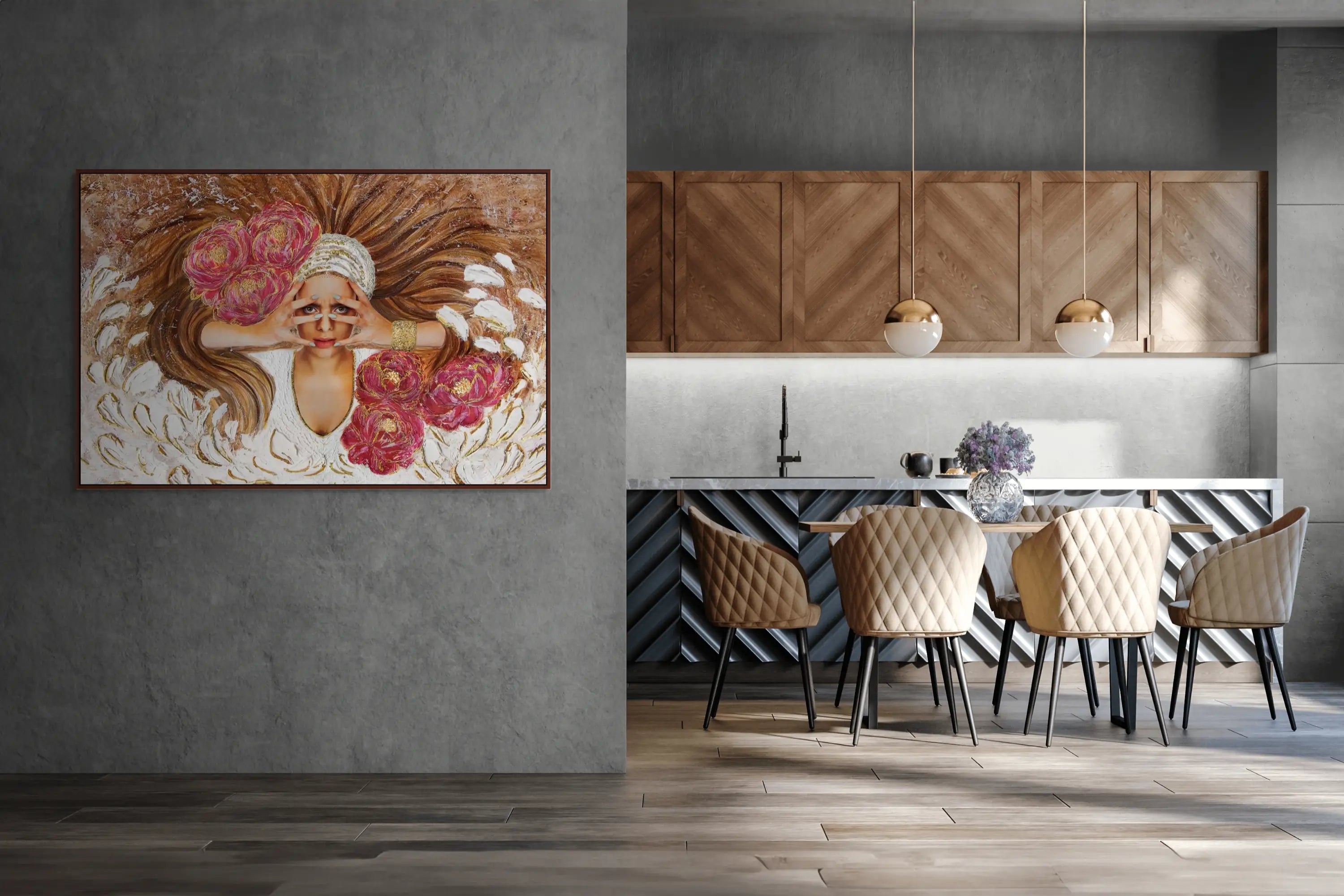 Hue the Artist large framed canvas of woman with hands over face, wild brown hair and magenta flowers outside dining room with pendant lights, dining table, and wooden cabinets.