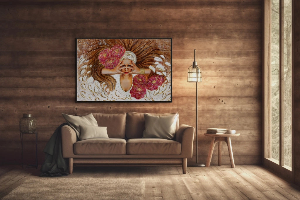 Large Hue the Artist framed canvas print of a woman with hands over her face, wild brown hair, and magenta flowers, above a brown leather chair in a wood-cabin-style room.