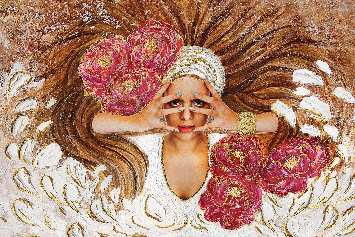 Hue the Artist mixed media art print of woman peering through hands, big magenta flowers in her wild brown hair.