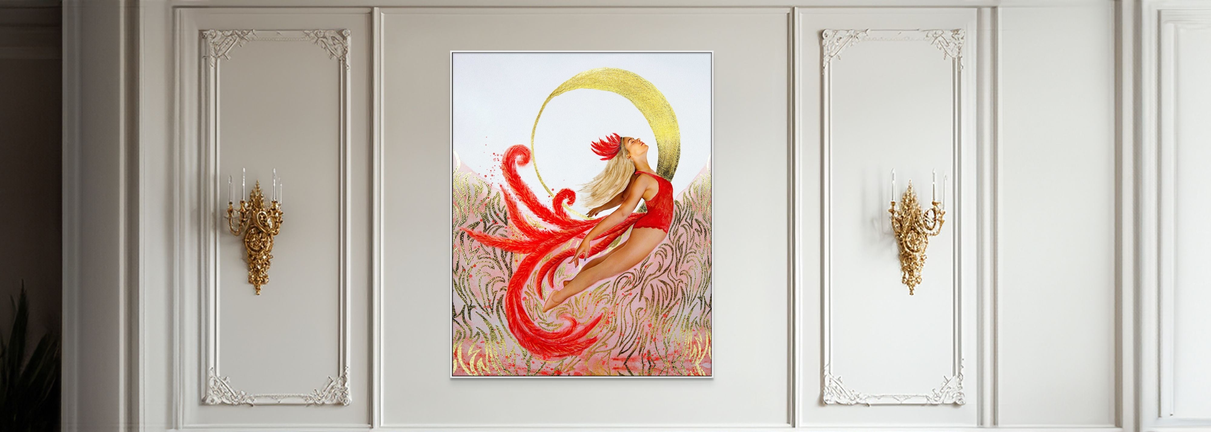 Framed artwork of woman in red soaring to a crescent moon, away from pink and gold flames. The wall has traditional panels with gold chandelier lamps.