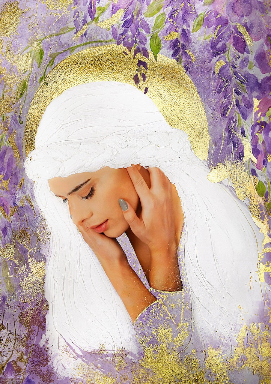 Hue the Artist mixed media art print called Wisteria Whispers features a sad white haired woman with hands over her ears, surrounded by purple wisteria and gold foil details.