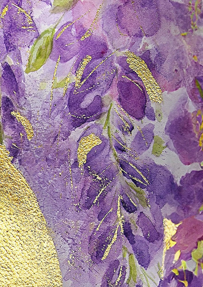 Close up of a Hue the Artist mixed media art print with purple wisteria flowers and gold detailing. 